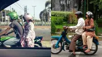 Kumpulan Potret Cara Nyeleneh Ibu-Ibu Memasang Helm Sepeda Motor (ist)