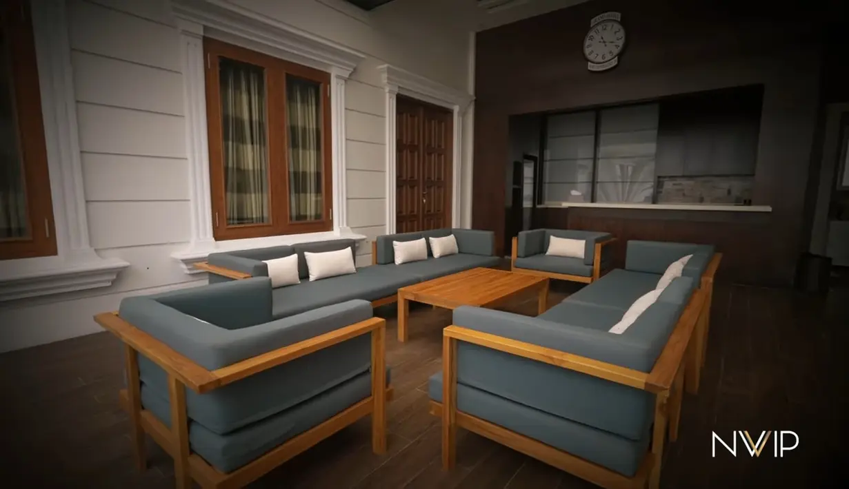 Namun ketika masuk ke dalam ada nuansa lain yang disuguhkan. Ruang tamu tampak nyaman dengan sofa dan mebel berwarna hijau dan cokelat. [YouTube/Nikita Willy Official]