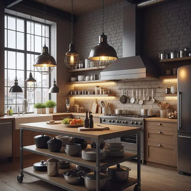 Desain Dapur Industrial dengan Kombinasi Kayu dan Besi