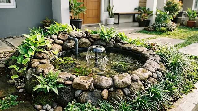 Kolam Mini Berbentuk Lingkaran dengan Batu Alam (AI Generated)