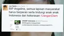 "RIP Angeline, semua lapisan masyarakat harus berperan serta lindungi anak anak Indonesia dari kekerasan #JanganDiam ," tulis Joe Taslim bersamaan dengan berita tentang meninggalnya Angeline dalam akun Twitter @Joe_Taslim. (twitter.com/Joe_Taslim)