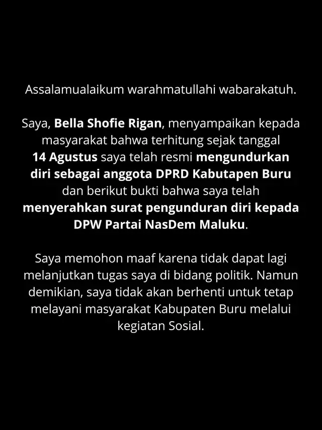 Unggahan Bella Shofie. (Foto: Dok. Instagram @bellashofie_rigan)