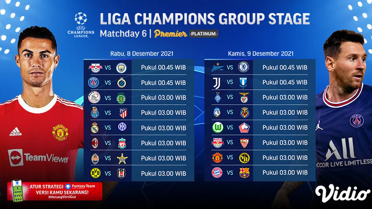 Link Live Streaming Matchday 6 Liga Champions 2021/2022 di Vidio Pekan Ini
