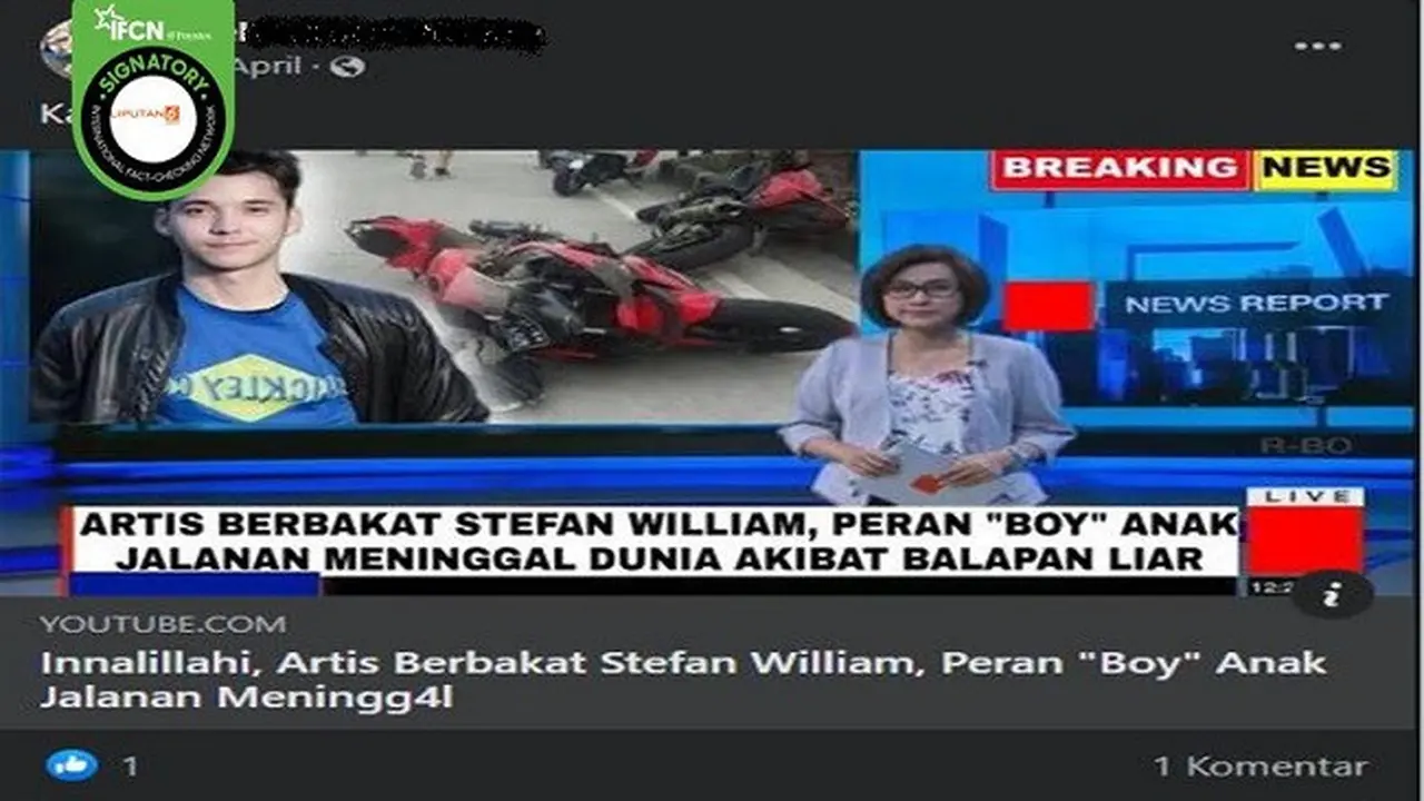 Gambar Tangkapan Layar Kabar Hoaks Stefan William Meninggal Dunia pada 14 April 2022 (sumber: Facebook).