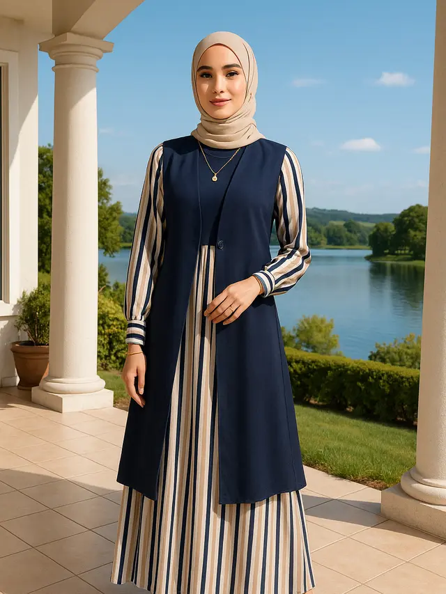 Rekomendasi Gamis Motif dengan Rompi Polos