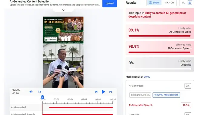 Video klaim Mensesneg Prasetyo Hadi mengumumkan bantuan dana pensiunan menunjukkan hasil AI. (Foto: tangkapan layar Hive Moderation)