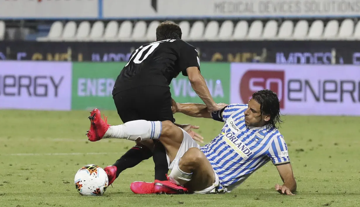 Pemain SPAL Sergio Floccari (kanan) berebut bola dengan pemain AC Milan Hakan Calhanoglu pada pertandingan Serie A di Stadion Paolo Mazza, Ferrara, Italia, Rabu (1/7/2020). Pertandingan berakhir dengan skor 2-2. (Filippo Rubin/LaPresse via AP)