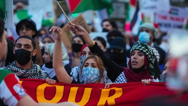 Aksi dukungan pro-Palestina di New York, Amerika Serikat pada Sabtu (15/5/2021).
