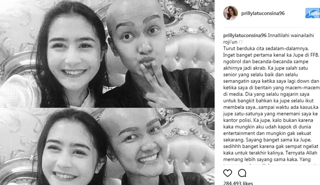 Artis Prilly Latuconsina saat berpose dengan Julia Perez. Prilly mengunggah status di Instagramnya setelah Jupe meninggal dunia. Innallilahi wainailaihi roji'un. Turut berduka cita sedalam-dalamnya. (Instagram/prillylatuconsina96)