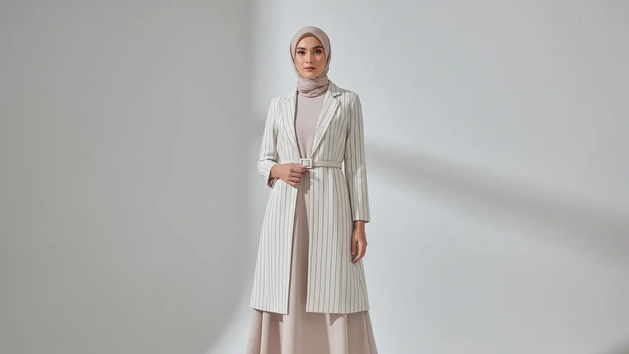 Model Gamis Kombinasi Blazer Motif Garis untuk Tampilan Chic Kasual