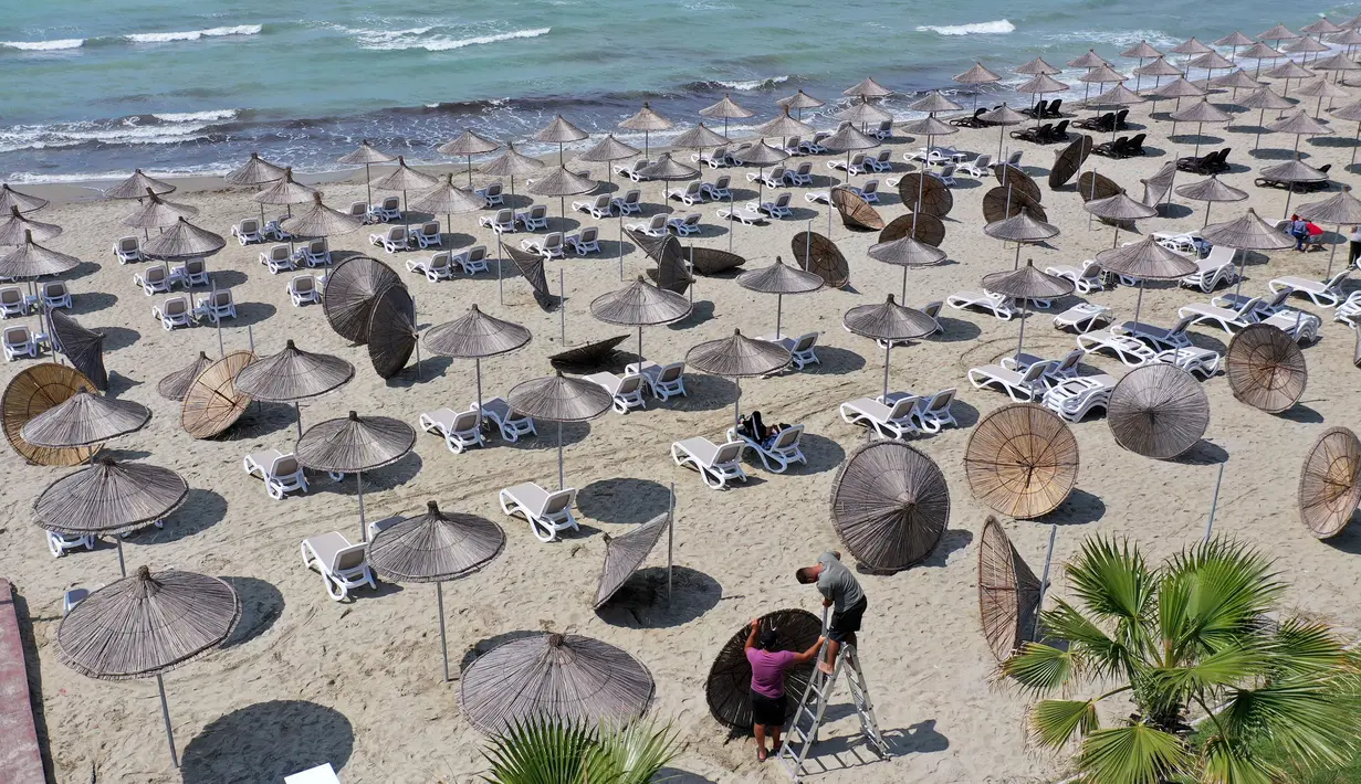 Foto udara pada 1 Juni 2020 menunjukkan para pekerja memasang payung jerami di sebuah pantai di Qerret, dekat kota Kavaja, Albania. Rencananya pada 6 Juni mendatang, semua pantai umum akan dibuka untuk wisatawan setelah Albania menerapkan langkah-langkah pelonggaran pencegahan virus corona. (SHKULLA