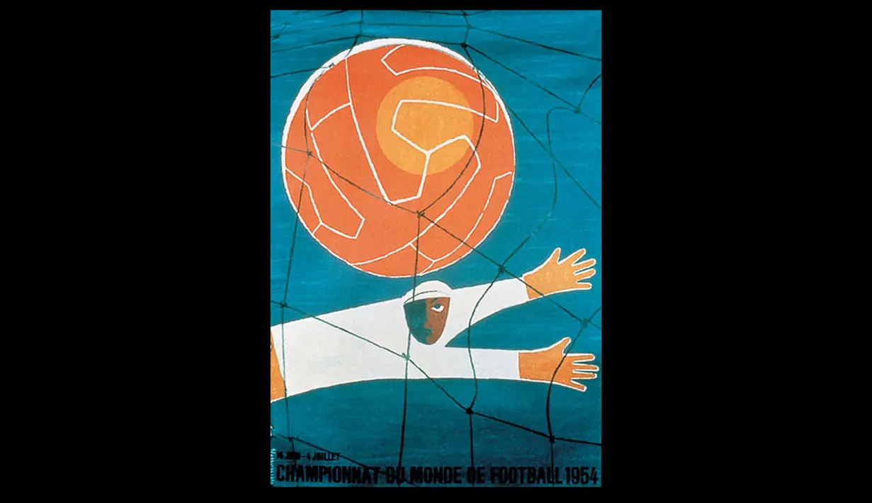 Poster Piala Dunia ke-5 tahun 1954 yang diselenggarakan di Swiss. Kartun seorang kiper yang gawangnya kebobolan. Jerman keluar sebagai juara (Istimewa).