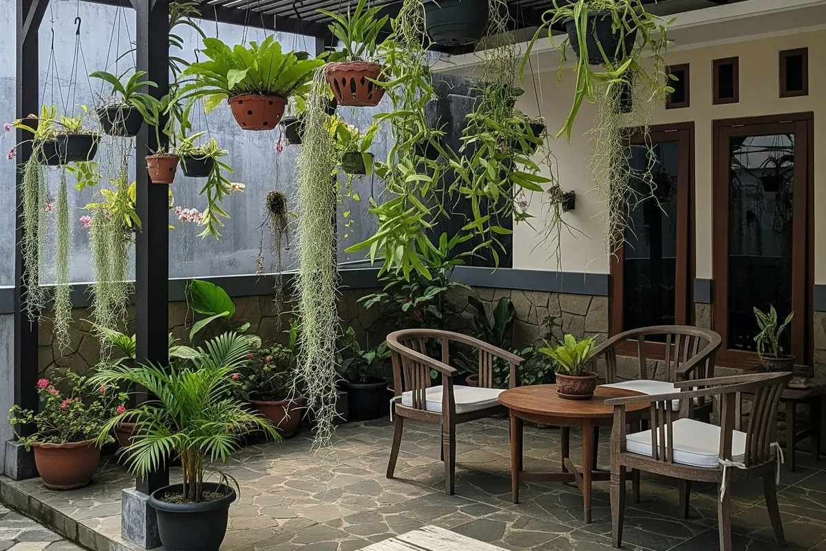Model Teras Rumah Kecil dengan Kanopi Kayu dan Taman Gantung