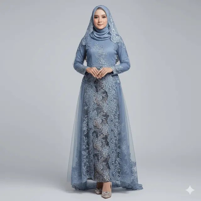 Gamis Batik Kombinasi Tule Brokat Warna Soft untuk Acara Akad. Gemini