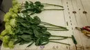 Beberapa tangkai bunga lisianthus dalam rumah kaca di Namie, Prefektur Fukushima, Jepang, 30 Juli 2021. Sebagian dari bunga-bunga tersebut akan digunakan untuk karangan bunga kemenangan di Olimpiade Tokyo 2020. (YASUYOSHI CHIBA/AFP)