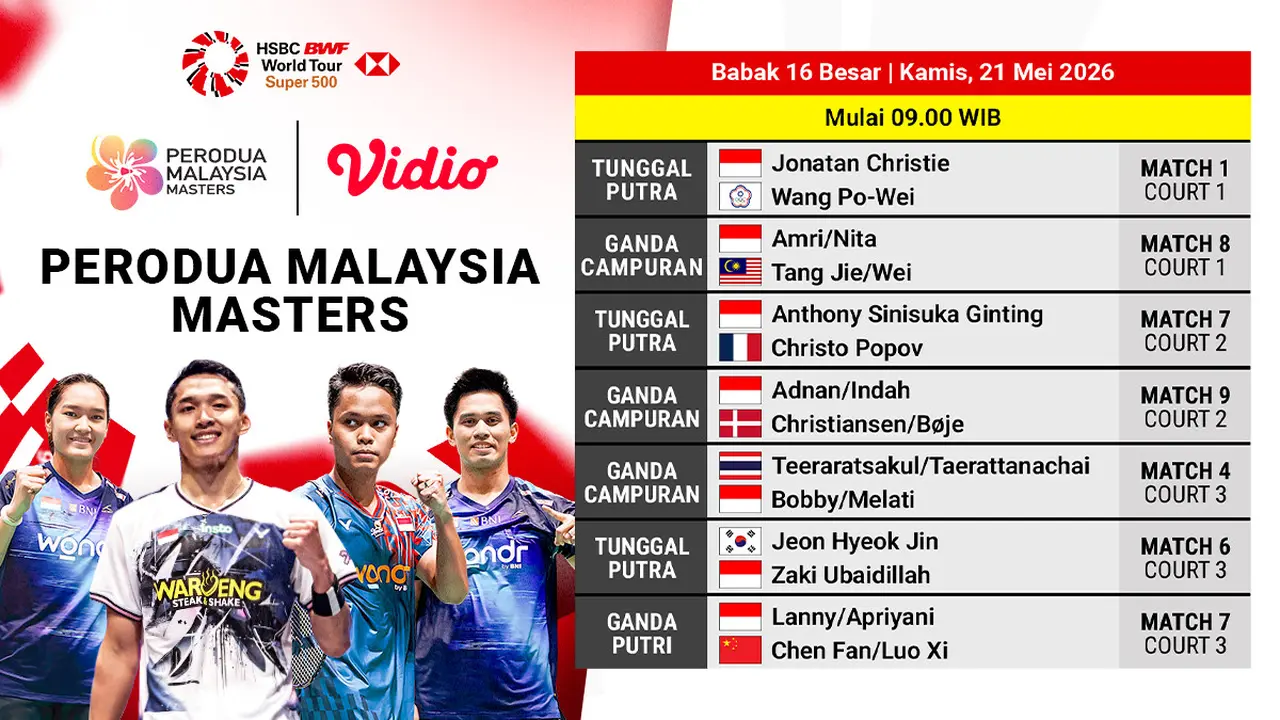 Jadwal babak 16 besar Malaysia Masters 2026 di Vidio. (dok. Vidio.com)