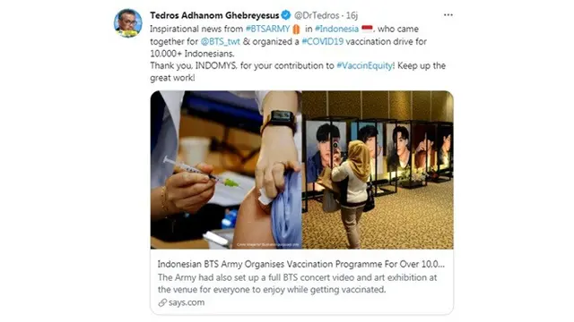 Penggemar BTS ARMY Indonesia Adakan 10.000 Vaksin COVID-19, Diapresiasi Dirjen WHO