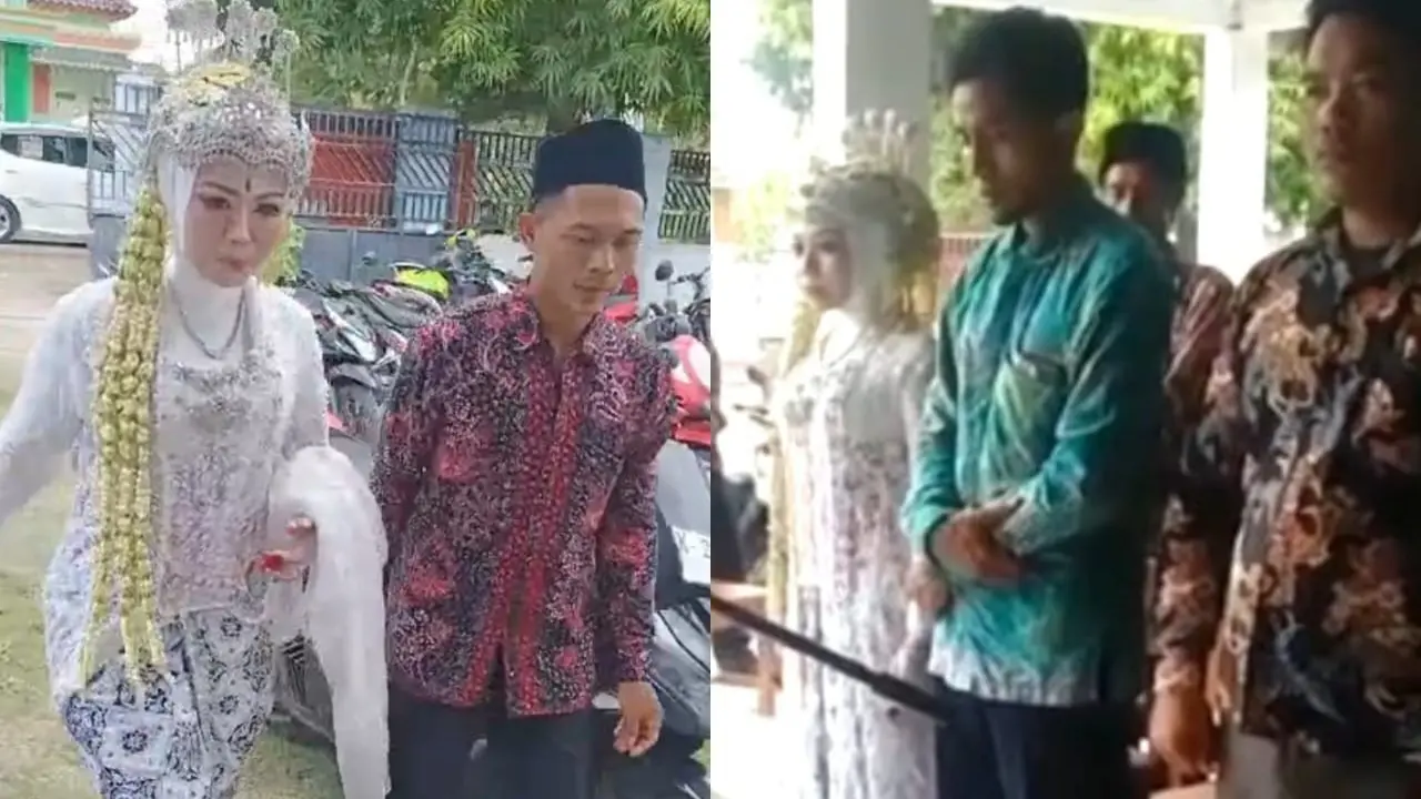 Kolase tangkapan layar video pengantin di Kabupaten Rembang ikuti pelantikan KPPS. (Liputan6.com/Ahmad Adirin)