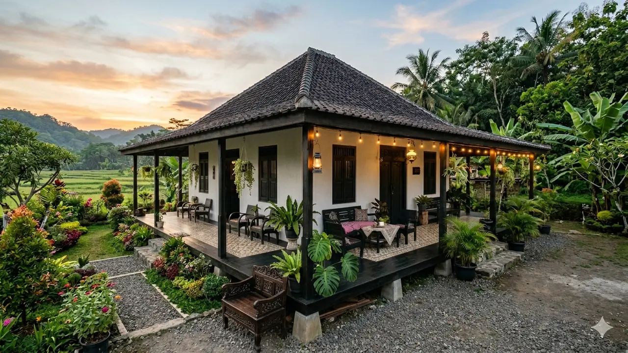 Model Rumah Minimalis Desa dengan Kombinasi Tembok dan Kayu Alami/Gemini AI