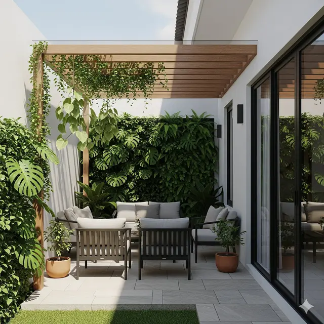 Teras Minimalis dengan Vertical Garden & Pergola Kayu