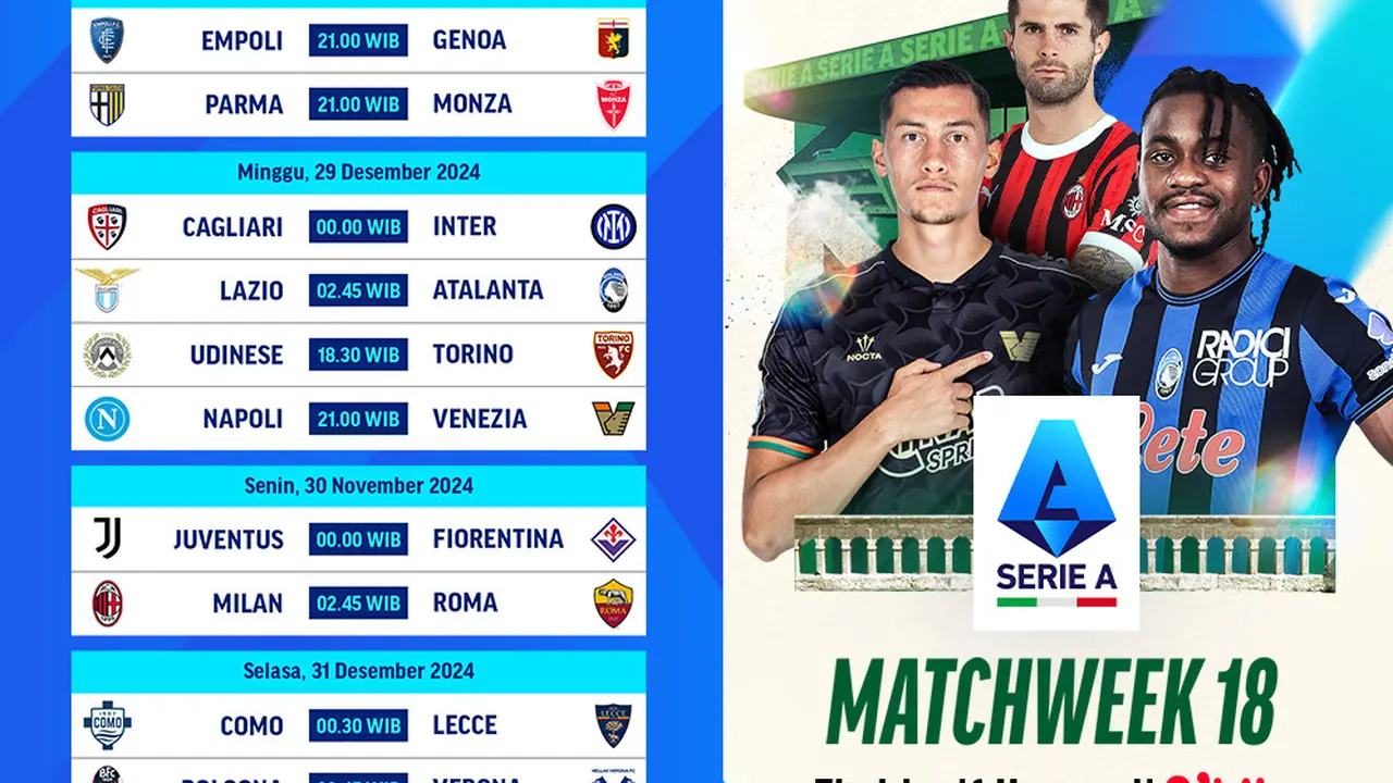 Jadwal Pertandingan Serie A 2024/25 Matchweek 18 di Vidio