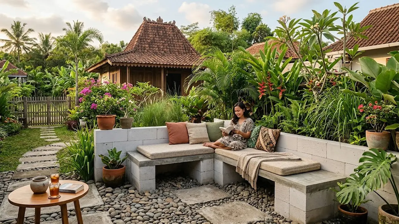 Bangku dari Bata Ringan yang Menyatu dengan Taman dengan Konsep Outdoor Living Modern