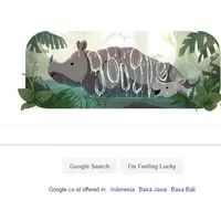 Hari ini, 26 Februari, Google Doodle muncul dengan gambar badak untuk merayakan ulang tahun Taman Ujung Kulon yang ke 25. (Foto: Google)