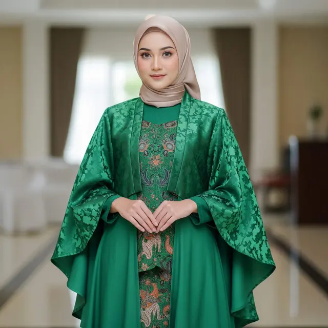 Gamis Hijau Zamrud Kombinasi Batik dan Hijab Nude Trend 2025