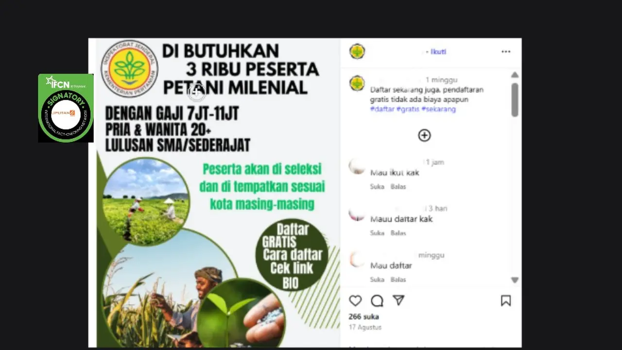 Tangkapan layar klaim pendaftaran program 3 ribu petani milenial dengan gaji 7 Juta hingga 10 Juta