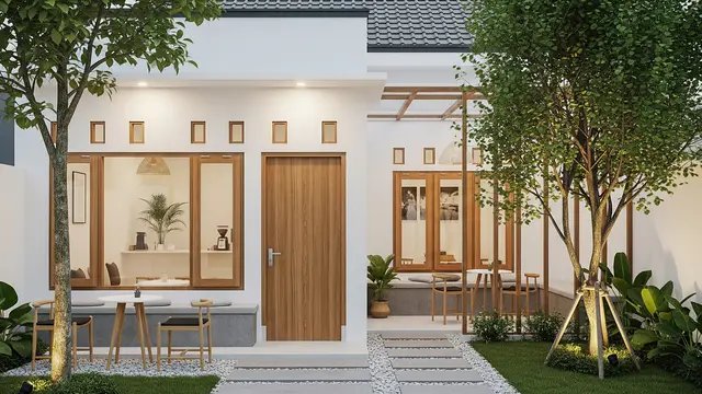 Model Cafe Minimalis Depan Rumah dengan Konsep Sederhana Tapi Bisa Narik Pelanggan Bertema Alam Hijau