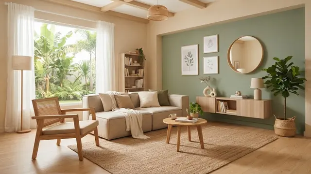 Kombinasi warna cat untuk rumah bergaya Japandi yang tampilannya bikin mood keluarga jadi tenang model beige dan hijau sage