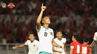 Rabbani Tasnim mencetak gol pertama Timnas Indonesia ke gawang Hong Kong pada laga kedua Grup&nbsp;F kualifikasi Piala Asia U-20 2023 di Stadion Gelora Bung Tomo, Surabaya, Jawa Timur, Jumat (15/9/2022) malam WIB. (foto: Instagram&nbsp;PSSI)