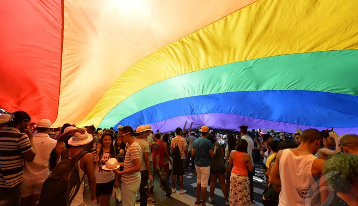 Gubernur negara bagian Sao Paulo Geraldo Alckmin mengumumkan ia akan memugar sebuah rumah bersejarah di jalan Avenida Paulista,lokasi berlangsungnya parade itu, dan mengubahnya menjadi museum gay, Minggu (4/5/2014)(AFP Photo/Nelson Almeida).