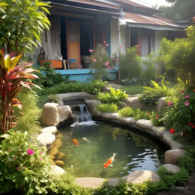 Taman dengan Kolam Ikan Koi Mini