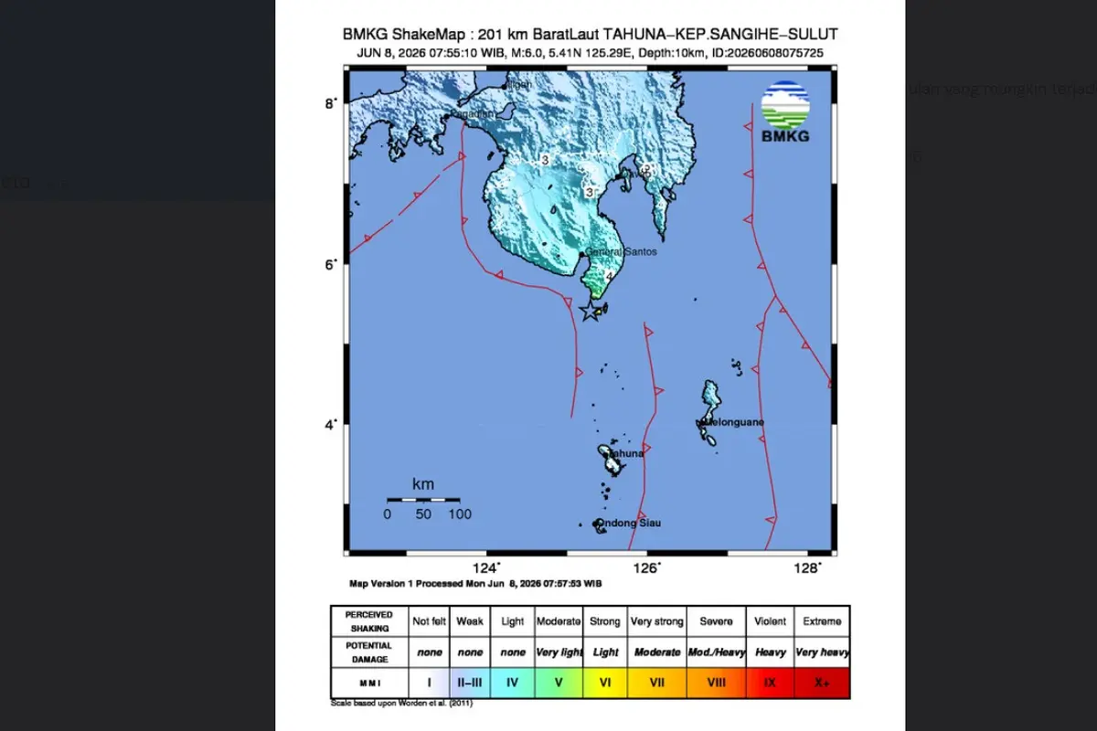 Gempa bumi pukul 07.55.10 WIB, Senin (8/6/2026) bermagnitudo 6 terjadi di Kepulauan Sangihe, Sulawesi Utara.