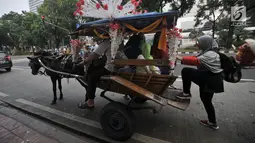 Warga menaiki delman di kawasan Monas, Jakarta, Selasa (3/7). Larangan beroperasi bagi delman di Jakarta Pusat saat Asian Games diberlakukan untuk mengantisipasi penularan virus oleh kuda. (Merdeka.com/Iqbal Nugroho)