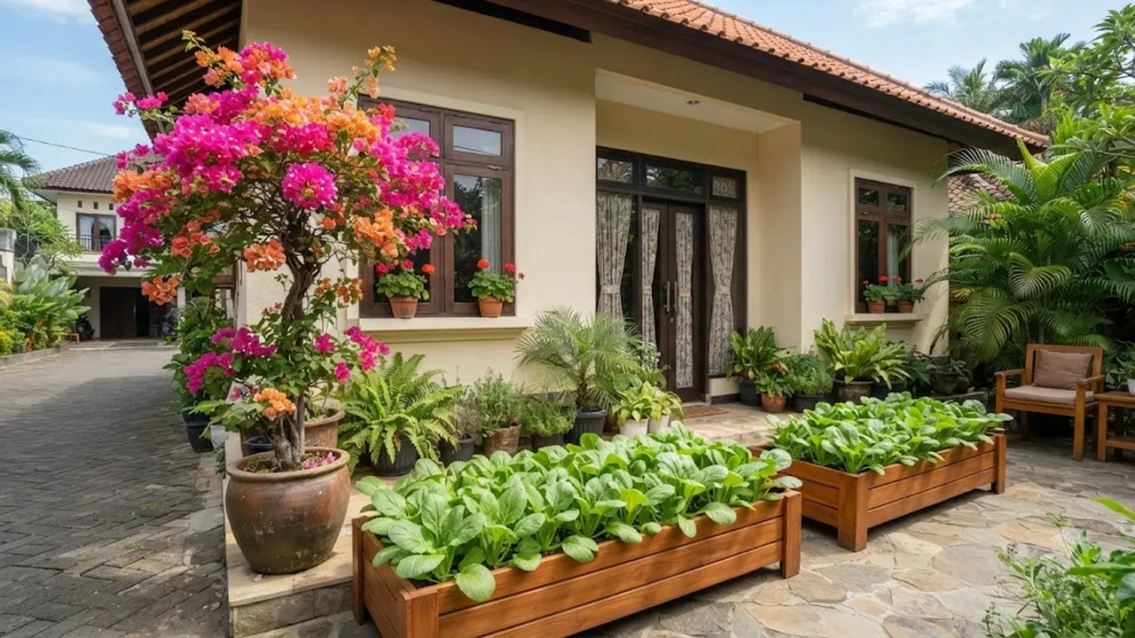 Inspirasi Taman Teras dengan Bunga Hias dan Sayuran Daun