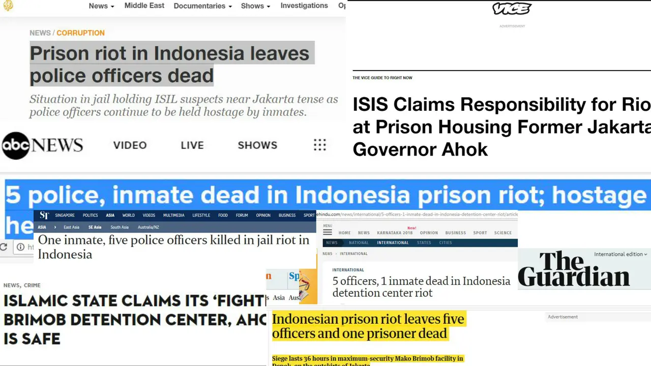 Insiden kerusuhan di Mako Brimob disorot media asing. (Screen Grab)