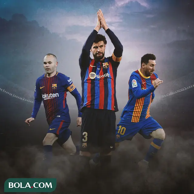 Ilustrasi - Gerard Pique, Andres Iniesta, dan Lionel Messi ddengan Jersey Barcelona