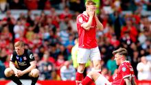 Josh Windass dari Wrexham bereaksi di akhir pertandingan EFL Championship antara Wrexham dan Middlesbrough, di Wrexham, Wales, Sabtu 2 Mei 2026. (Cody Froggatt/PA via AP)