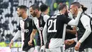 Bek Juventus, Leonardo Bonucci (kedua kiri) berselebrasi usai mencetak ke gawang Udinese selama pertandingan lanjutan Liga Serie A Italia di Stadion Allianz di Turin (15/12/2019). Juventus menang 3-1 atas Udinese. (Alessandro Di Marco / ANSA via AP)