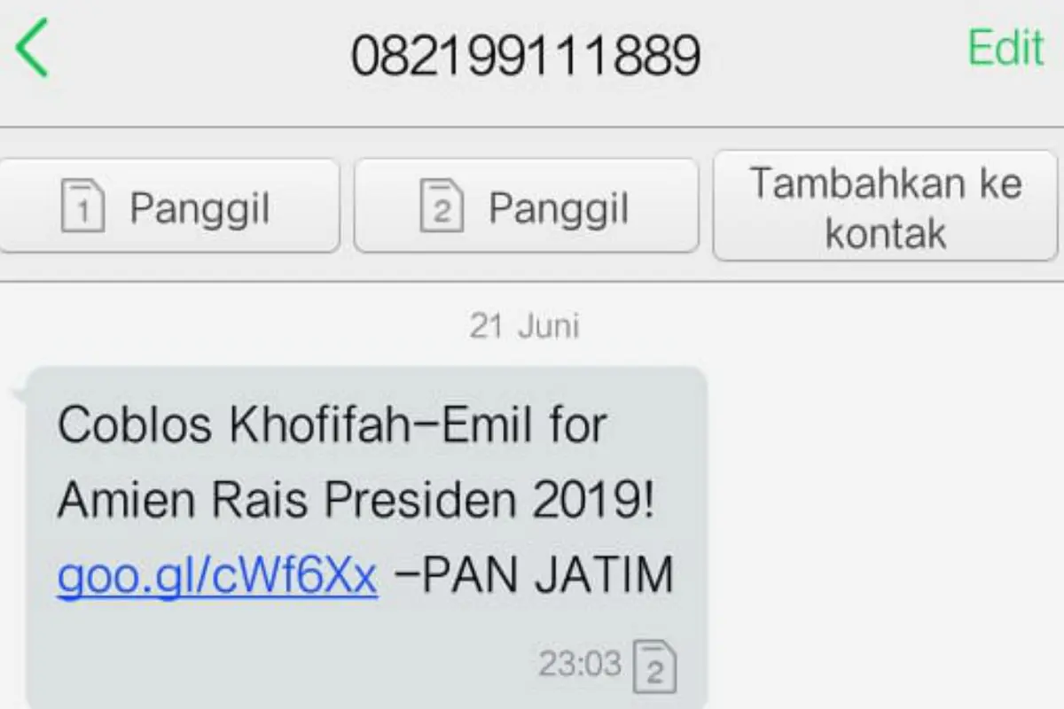 SMS anjuran memilih salah satu calon di Pilkada Jawa Timur (Liputan6.com/Dian Kurniawan)