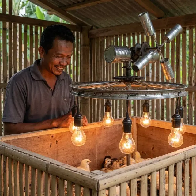 Kandang ayam dengan pemanas Lampu Pijar (Bohlam Kuning) (Gemini AI)