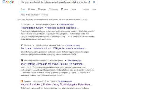 [Cek Fakta] Hoaks Kapolri Sebut 'Pendukung Prabowo yang Tidak Mengakui Pelantikan Presiden Jokowi, Tangkap!' (Google Search)