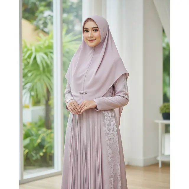 Dress Brokat Pastel dengan Detail Pleated