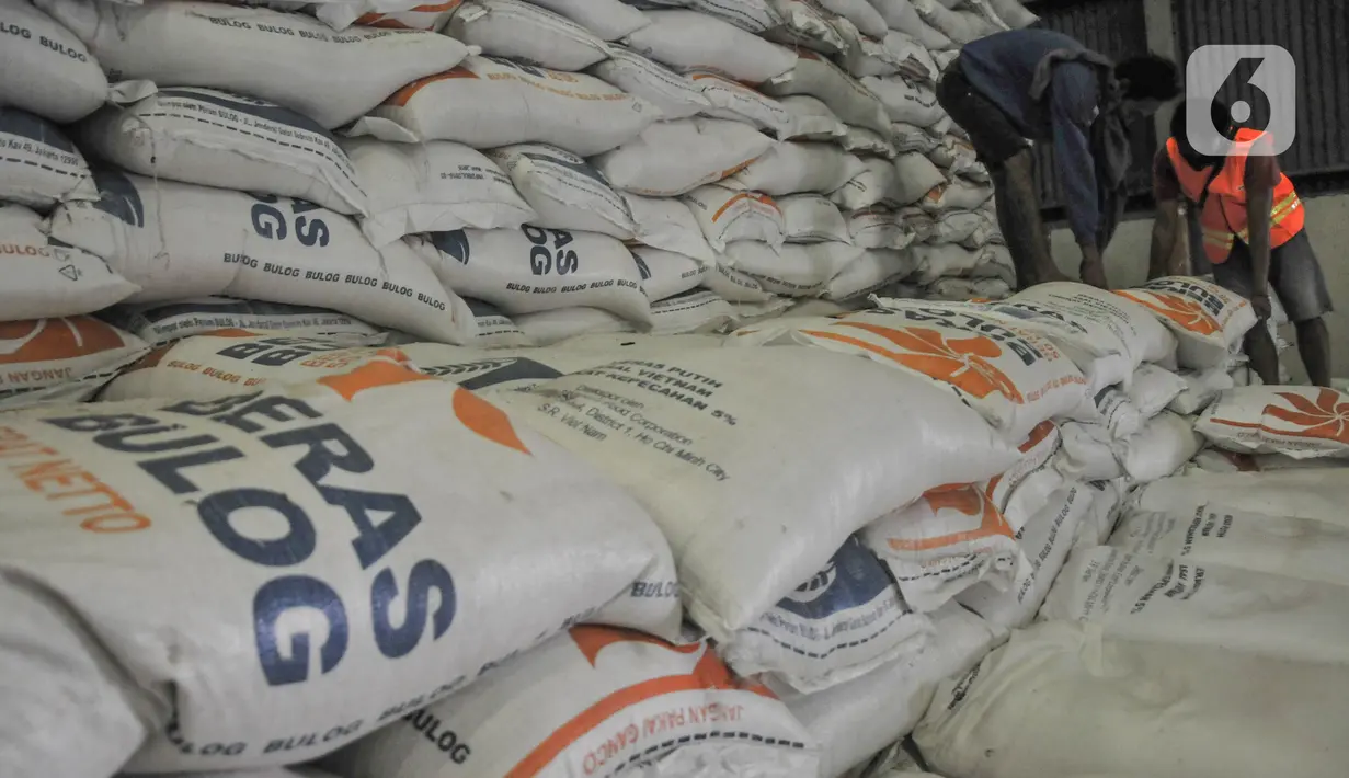 Aktivitas bongkar muat karung berisi beras di Gudang Bulog Divisi Regional DKI Jakarta, Kelapa Gading, Rabu (29/12/2021). Dirut Perum Bulog Budi Waseso mengungkapkan hingga dengan penghujung 2021 Bulog berhasil melakukan penyerapan beras petani mencapai 1,2 juta ton. (merdeka.com/Iqbal S Nugroho)