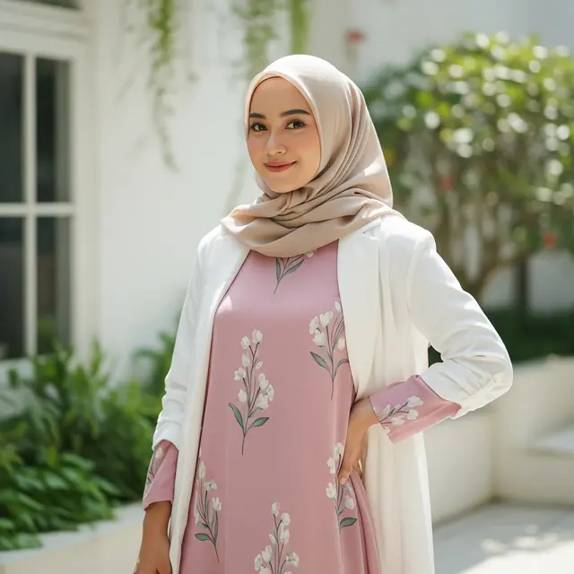 Gamis Motif Bunga Soft dengan Blazer Tipis