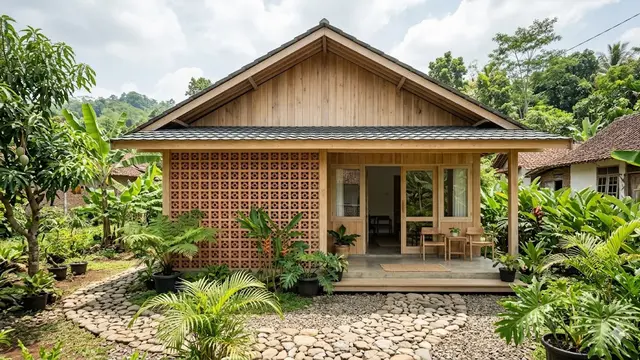 Inspirasi Rumah Desa Kombinasi Kayu dan Roster agar Lebih Adem