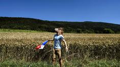 Seorang penonton memakai topeng kuda saat menyambut pebalap di Etape 15 Tour de France antara Bourg-en-Bresse dan Culoz, (17/7/2016). (AFP/Jeff Pachoud)