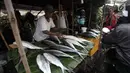Pedagang menata ikan bandeng dagangnnya di kawasan Rawa Belong, Jakarta, Rabu (14/2). Harga bandeng berukuran dua hingga tiga kilogram per ekor sekitar Rp 70 ribu. (Liputan6.com/Arya Manggala)